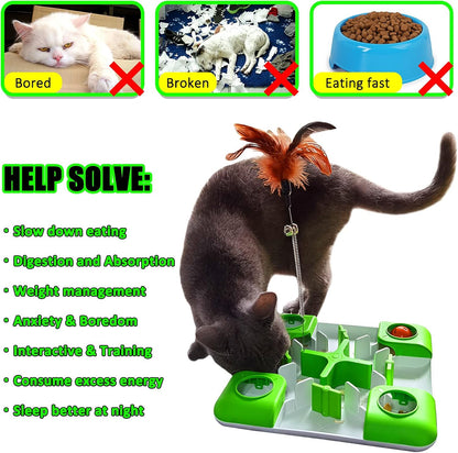 Cat Puzzle Feeder Treat Puzzle Toy, Cat Slow Feeder Food Dispenser, Interactive Treat Maze & IQ Training Toys for Indoor Cats Slow Feeder Cat Bowl for Healthy Eating Diet